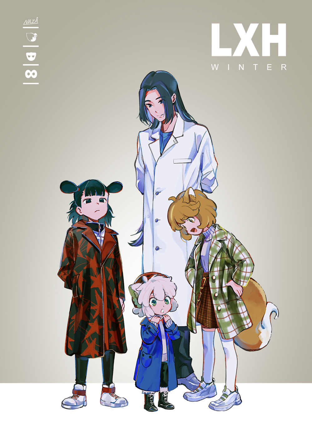 1girl, 3boys, alternate_costume, animal_ears, black_eyes, black_footwear, black_hair, blue_coat, brown_eyes, cat_ears, coat, double_bun, fox_ears, fox_girl, fox_tail, hands_on_hips, hands_up, highres, long_hair, long_sleeves, luoxiaohei, multiple_boys, nezha_(the_legend_of_luoxiaohei), open_mouth, orange_hair, plaid_coat, ruoshui_(the_legend_of_luoxiaohei), shoes, short_hair, socks, standing, tail, the_legend_of_luo_xiaohei, umemi_m, very_long_hair, white_coat, white_footwear, white_hair, white_legwear, wuxian_(the_legend_of_luoxiaohei)