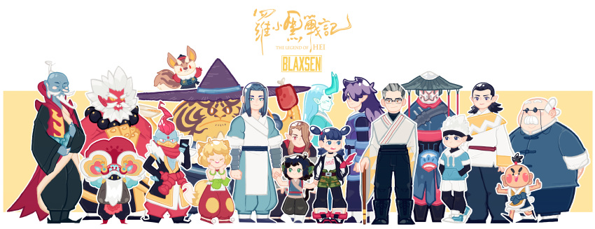 1girl, 6+boys, absurdres, animal_ears, aqua_hair, artist_name, bald, beard, belt, black_pants, blaxsen, blue_hair, brown_hair, camouflage, camouflage_shorts, cat_ears, character_request, copyright_name, facial_hair, fengxi_(the_legend_of_luoxiaohei), food, fox_ears, fox_tail, glasses, hair_over_one_eye, hands_up, hat, highres, long_hair, luoxiaohei, luozhu_(the_legend_of_luoxiaohei), meat, multiple_boys, mustache, nezha_(the_legend_of_luoxiaohei), orange_hair, outline, pan_jing_(the_legend_of_luoxiaohei), pants, print_shirt, profile, purple_hair, purple_headwear, redhead, ruoshui_(the_legend_of_luoxiaohei), shirt, shirt_tucked_in, short_hair, short_sleeves, shorts, standing, tail, the_legend_of_luo_xiaohei, tianhu_(the_legend_of_luoxiaohei), white_hair, white_outline, white_shirt, wuxian_(the_legend_of_luoxiaohei), xuhuai_(the_legend_of_luoxiaohei)