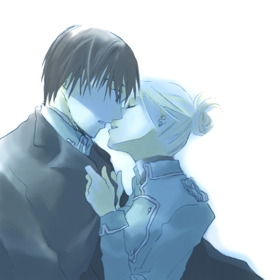 1girl, couple, fullmetal_alchemist, hair_up, kiss, long_coat, longcoat, military, military_uniform, riza_hawkeye, roy_mustang, surprise, surprised, uniform
