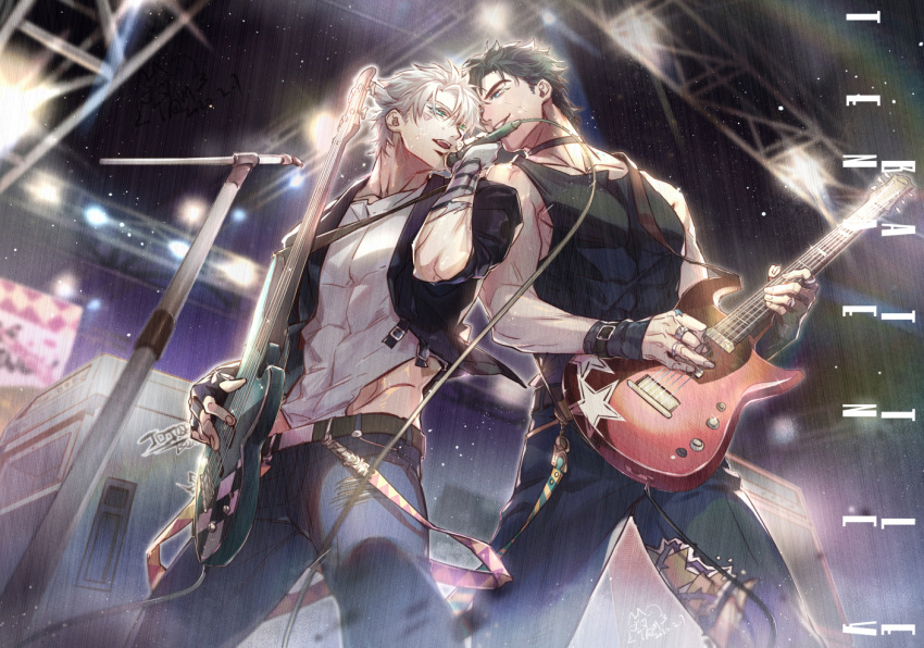 2boys, alternate_costume, aqua_eyes, bare_arms, bass_guitar, battle_tendency, belt, black_choker