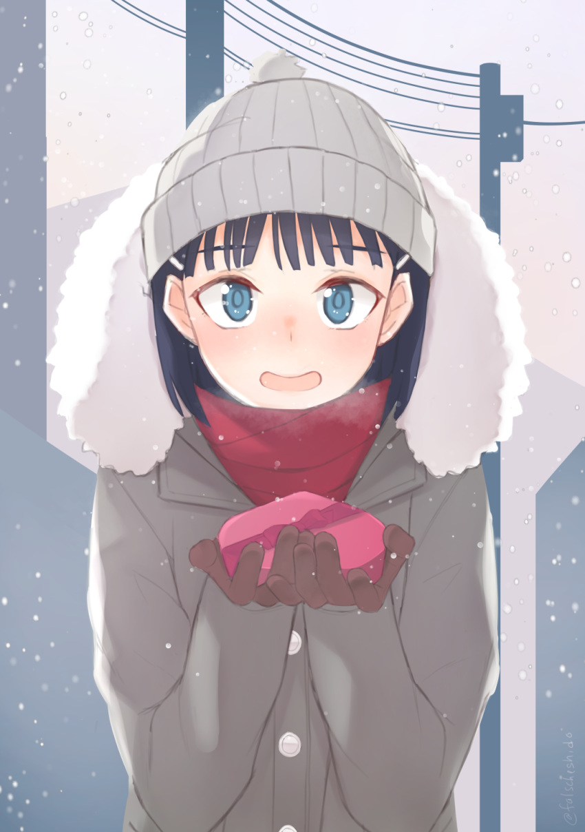 1girl, bangs, black_hair, blue_eyes, blush, chocolate, commission, eyebrows_visible_through_hair