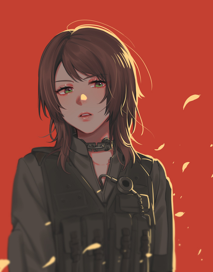 1girl, blurry, brown_hair, bulletproof_vest, choker, expressionless, eyebrows_visible_through_hair, green_eyes, long_sleeves, medium_hair, metal_gear_(series), metal_gear_solid_v, noriuma, official_alternate_costume, parted_lips, petals, quiet_(metal_gear), red_background, sidelighting, sideways_glance, solo, tactical_clothes, tagme, upper_body, vest