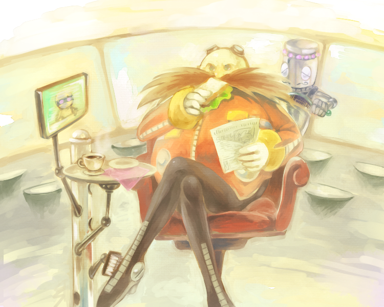 1boy, bald, bone_(artist), coffee, crossed_legs, dr._eggman, eating, facial_hair