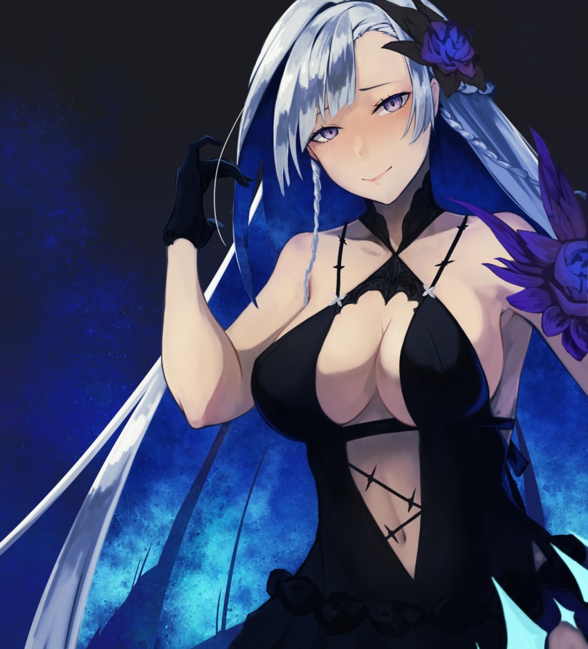 1girl, bangs, bare_shoulders, blue_hair, breasts, brynhildr_(fate), brynhildr_(swimsuit_berserker)_(fate), collarbone