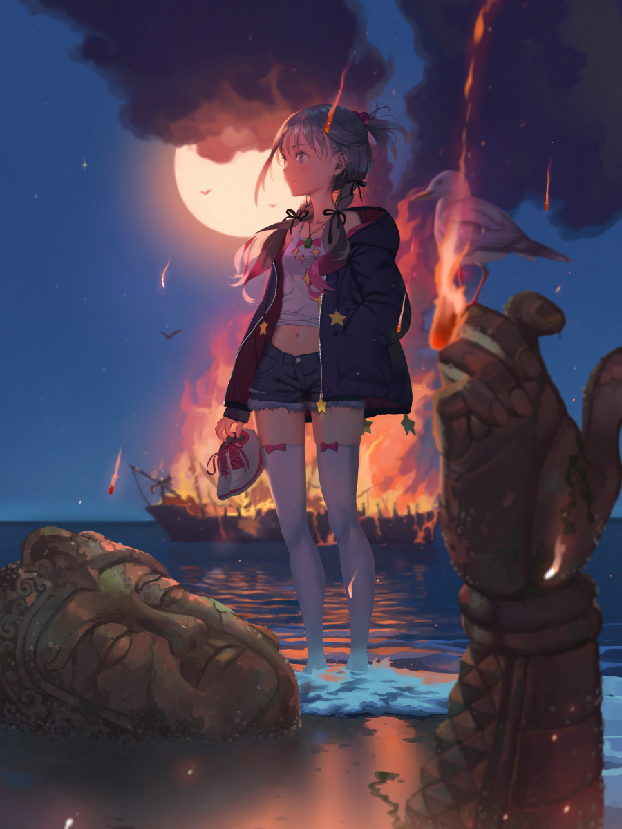 1girl, bird, black_neckwear, black_ribbon, blue_jacket, blue_shorts, braid, burning_ship, closed_mouth, denim, denim_shorts, full_moon, fur-trimmed_shorts, fur_trim, gradient_hair, hair_bobbles, hair_ornament, hair_ribbon, hand_in_pocket, highres, holding, holding_shoes, jacket, long_sleeves, midriff, moon, multicolored_hair, navel, night, ocean, open_clothes, open_jacket, original, outdoors, pink_hair, ribbon, seagull, ship, shirt, shoes, shoes_removed, short_shorts, shorts, sleeveless, sleeveless_shirt, smoke, soaking_feet, solo, standing, statue, thigh-highs, twin_braids, vofan, watercraft, white_footwear, white_legwear, white_shirt