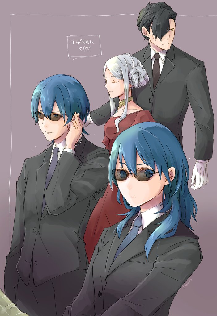 2boys, 2girls, alternate_costume, black_hair, blue_eyes, blue_hair, byleth_(fire_emblem), byleth_eisner_(female)