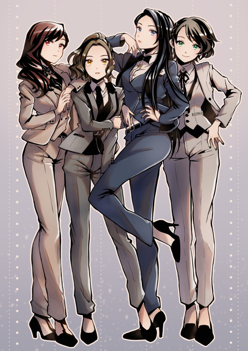 4girls, absurdres, arm_around_waist, bangs, beige_jacket, beige_pants, belt, black_belt