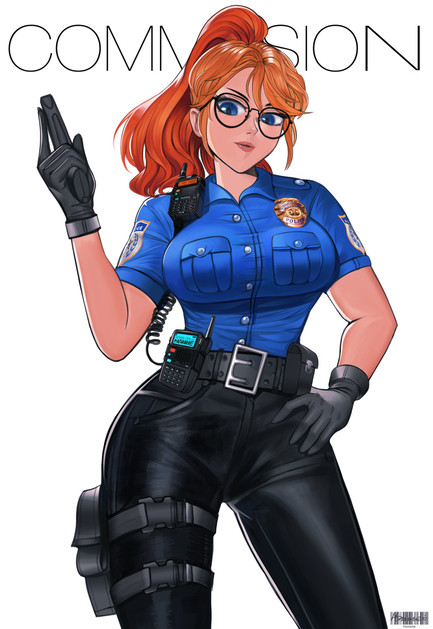 1girl, absurdres, bangs, belt, black_belt, black_gloves, black_pants, blue_eyes, breasts, commission, english_commentary, eyebrows_behind_hair, glasses, gloves, gun, hand_on_hip, handgun, head_tilt, highres, holding, holding_gun, holding_weapon, hommie-k9k9, large_breasts, looking_down, original, pants, pistol, police, police_uniform, policewoman, solo, thigh_strap, tied_hair, uniform, walkie-talkie, weapon