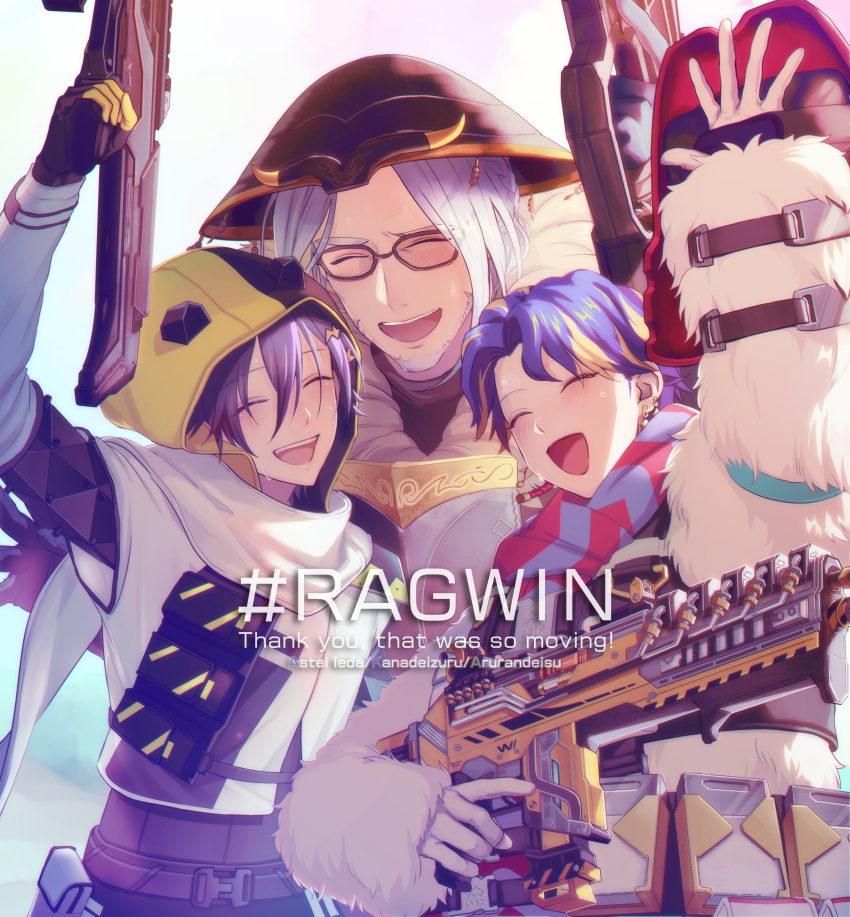 3boys, ^_^, absurdres, alternate_costume, apex_legends, arurandis, assault_rifle, astel_leda
