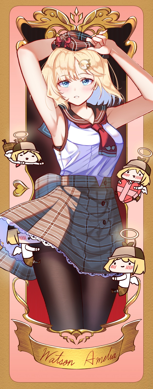 1girl, adapted_costume, angel_wings, armpits, arms_up, bangs, bare_shoulders, beret