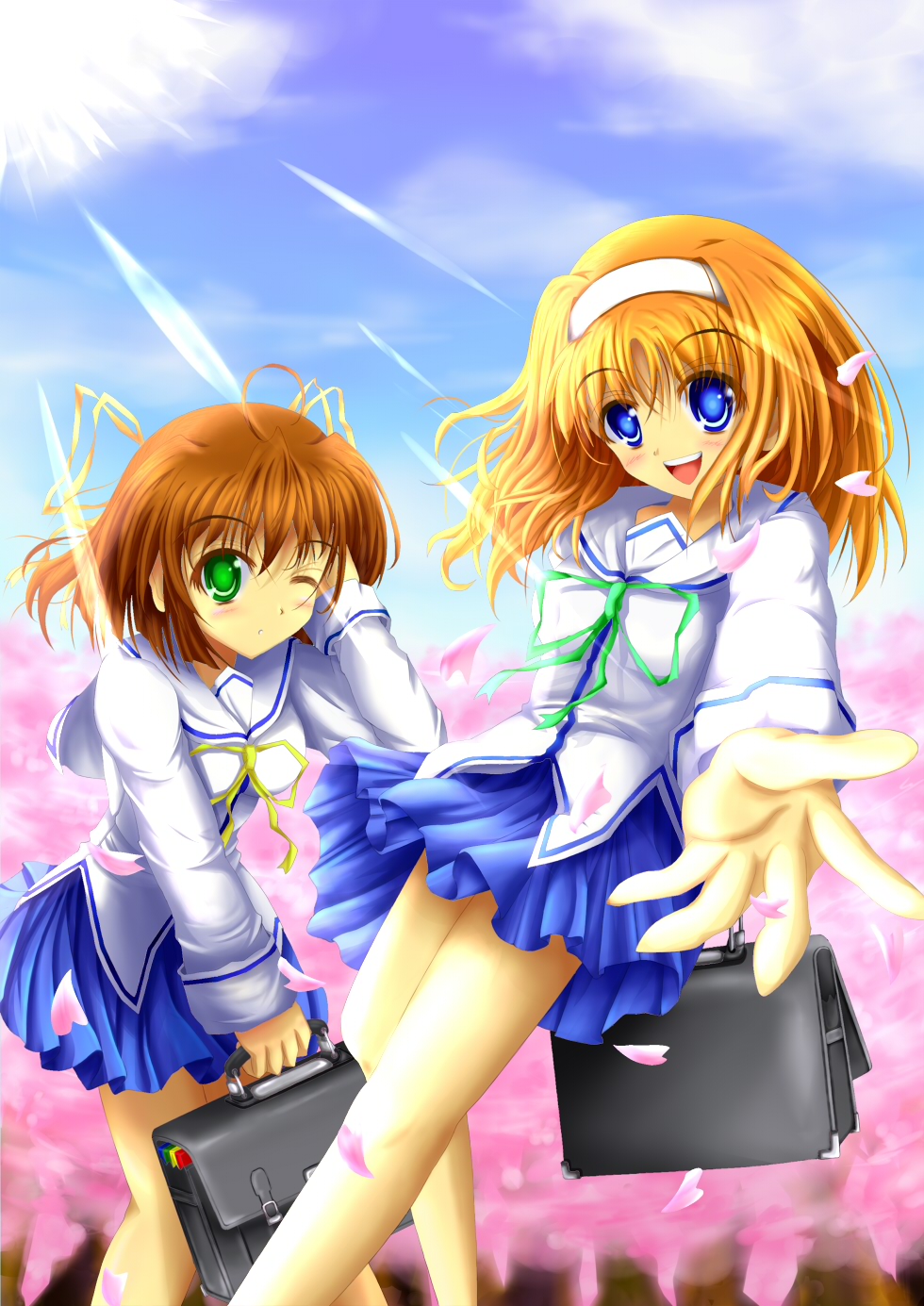 amakase_miharu, aru_tia, asakura_nemu, bag, blue_eyes, brown_hair, da_capo, foreshortening