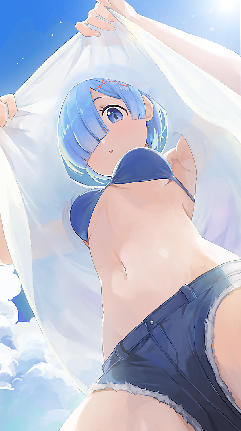 1girl, armpits, arms_up, bikini, bikini_top, blue_bikini, blue_eyes, blue_hair