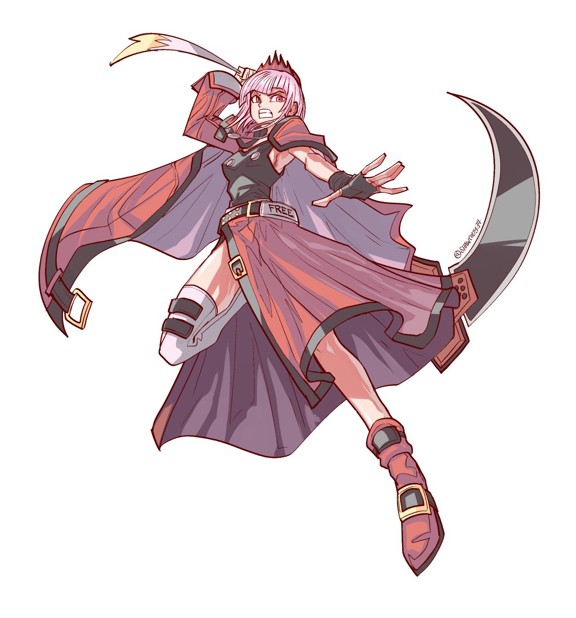 1girl, bangs, black_gloves, cape, clenched_teeth, cody's_art, cosplay, fingerless_gloves, gloves, guilty_gear, guilty_gear_strive, hair_behind_ear, highres, holding, holding_scythe, hololive, hololive_english, looking_to_the_side, mori_calliope, open_hand, pink_hair, red_cape, red_eyes, red_skirt, scythe, single_thighhigh, skirt, sol_badguy, sol_badguy_(cosplay), solo, teeth, thigh-highs, tiara, v-shaped_eyebrows, virtual_youtuber