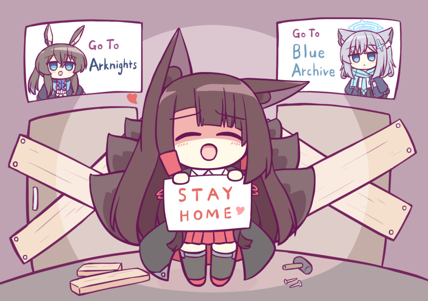 1girl, :d, ^_^, akagi_(azur_lane), amiya_(arknights), animal_ear_fluff, animal_ears, arknights, azur_lane, bangs, black_jacket, black_kimono, black_legwear, black_skirt, blue_archive, blue_eyes, blue_neckwear, blue_scarf, blunt_bangs, blush, brown_hair, cat_ears, chibi, closed_eyes, cross_hair_ornament, crossover, door, english_commentary, english_text, eyebrows_visible_through_hair, fox_ears, fox_tail, full_body, grey_hair, hair_between_eyes, hair_ornament, halo, hammer, heart, holding, holding_paper, hood, hooded_jacket, jacket, japanese_clothes, kashimu, kimono, long_hair, long_sleeves, multiple_crossover, multiple_tails, nail, necktie, open_clothes, open_jacket, open_mouth, paper, pleated_skirt, ponytail, rabbit_ears, red_skirt, scarf, school_uniform, shiroko_(blue_archive), shirt, sidelocks, skirt, smile, solo_focus, standing, tail, thigh-highs, very_long_hair, white_shirt, wide_sleeves, wood, yandere, zettai_ryouiki