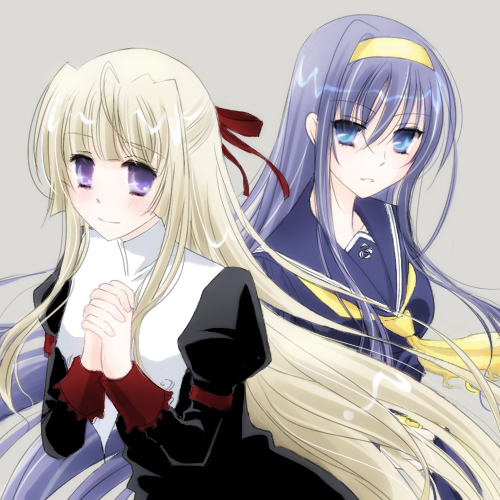 2girls, blonde_hair, blue_eyes, blue_hair, hachikei, hairband, hands_clasped, himemiya_chikane