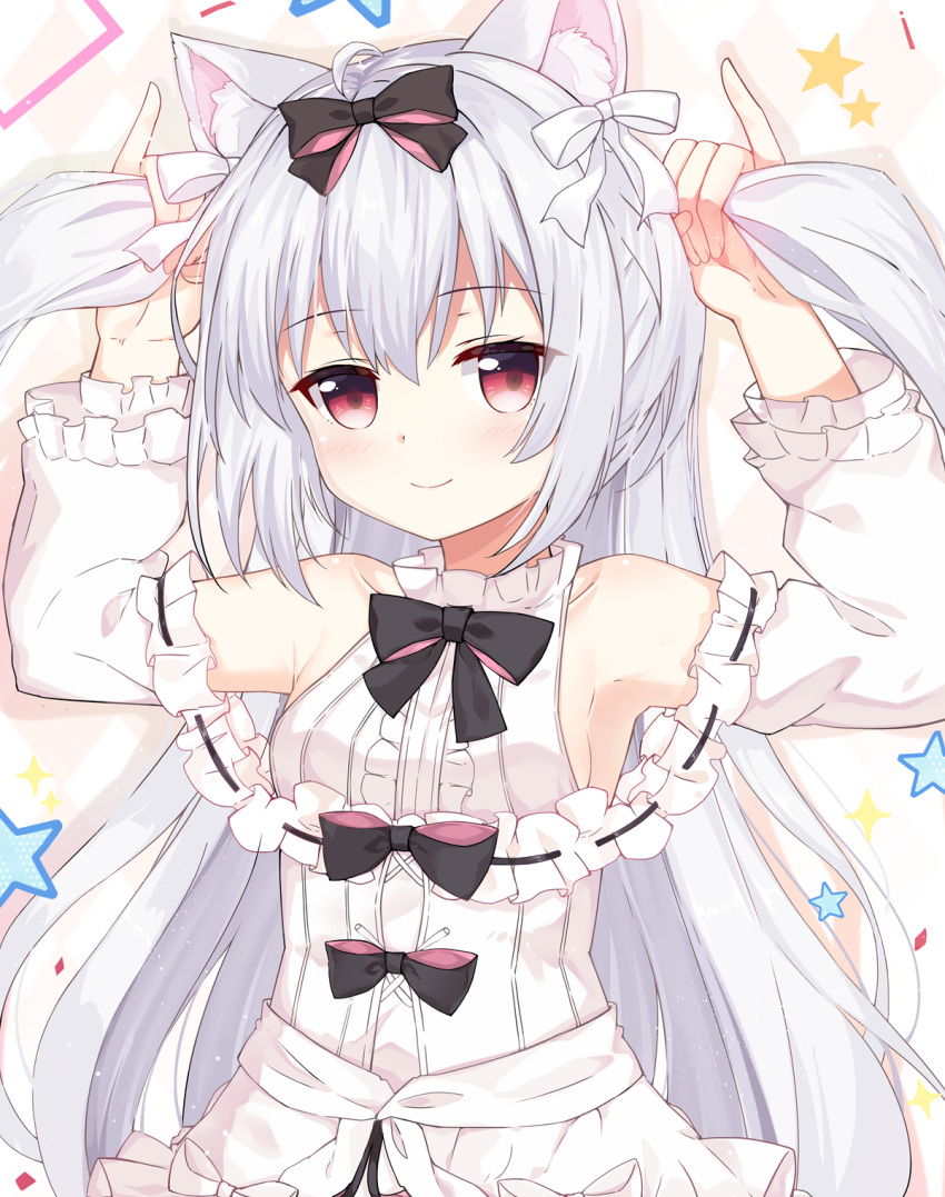 1girl, ahoge, animal_ear_fluff, animal_ears, armpits, arms_up, azur_lane, bare_shoulders