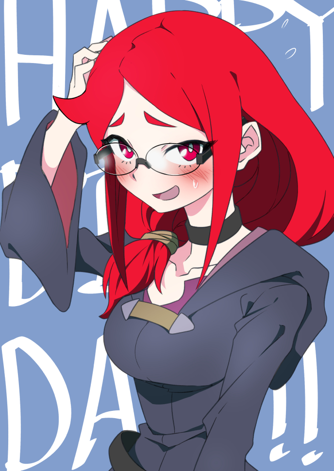 1girl, background_text, bespectacled, black_choker, blue_background, blush, breasts, choker, collarbone, commentary_request, glasses, hair_tubes, happy_birthday, kou_eno, little_witch_academia, long_hair, looking_at_viewer, medium_breasts, open_mouth, red_eyes, redhead, robe, shiny_chariot, simple_background, smile, solo, sweatdrop, upper_body, ursula_charistes, wide_sleeves