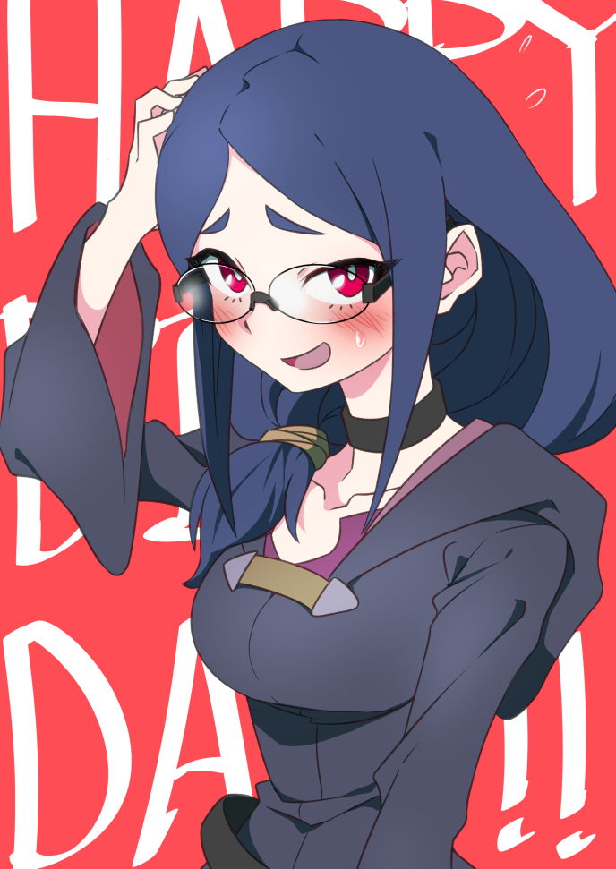 1girl, background_text, bespectacled, black_choker, blue_hair, blush, breasts, choker