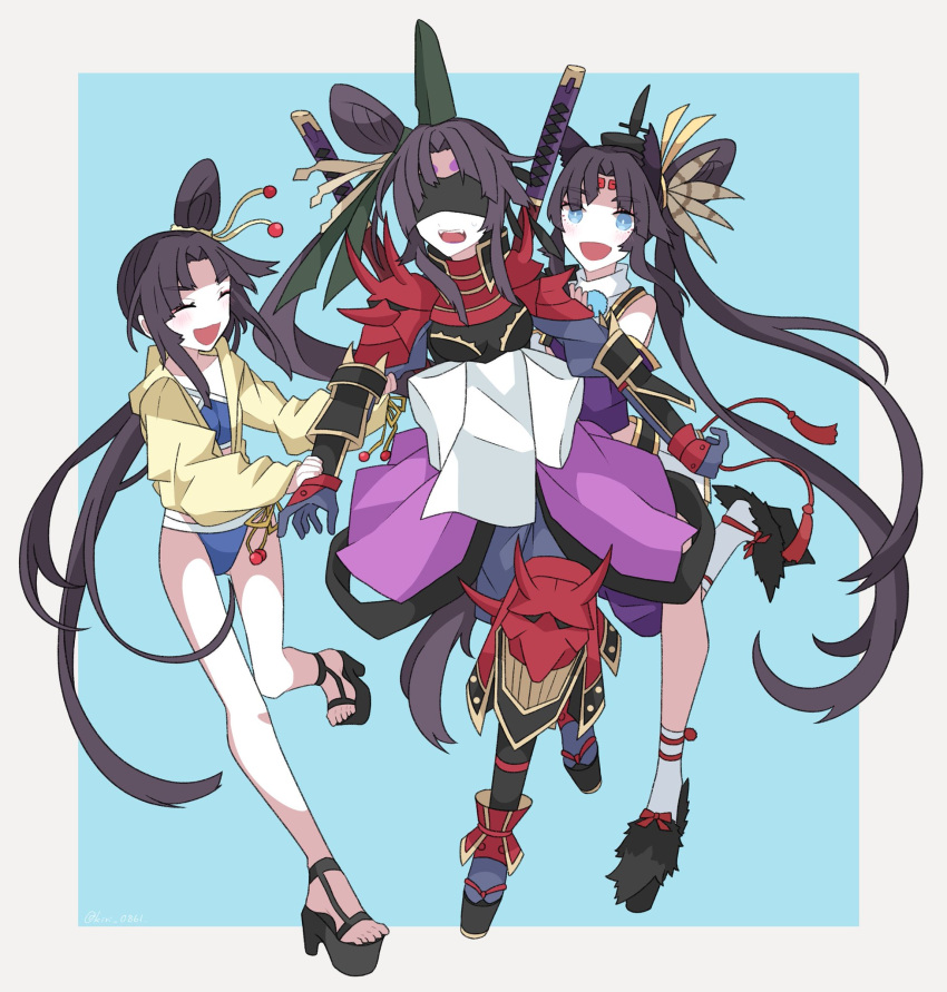 3girls, arm_guards, bangs, bare_shoulders, bikini, black_hair, blindfold, blue_eyes, blunt_bangs, blush, border, bow, eyebrows_visible_through_hair, fate/grand_order, fate_(series), full_body, gloves, hair_bow, hair_bun, highres, katana, knee_pads, kujiramaru, long_hair, long_sleeves, looking_at_another, multiple_girls, oni_mask, open_clothes, open_mouth, open_shirt, parted_bangs, purple_gloves, running, shirt, sidelocks, sleeveless, sleeves_past_wrists, smile, socks, sweat, swimsuit, swimwear, sword, sword_behind_back, tassel, thighs, upper_teeth, ushiwakamaru_(avenger)_(fate), ushiwakamaru_(fate), ushiwakamaru_(swimsuit_assassin)_(fate), weapon, yellow_shirt
