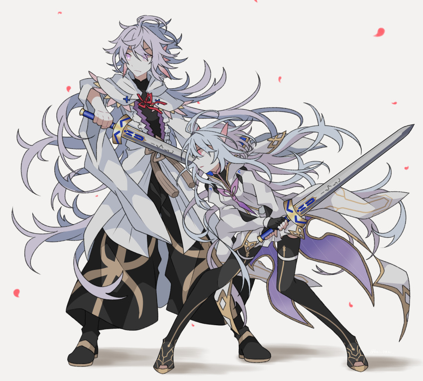 1boy, 1girl, absurdres, ahoge, bangs, black_gloves, black_legwear, black_pants, blue_eyes, bow, bowtie, closed_mouth, dress, dual_persona, excalibur_(fate/stay_night), eyebrows_visible_through_hair, fate/grand_order, fate_(series), fighting_stance, fingerless_gloves, frills, full_body, genderswap, gloves, hair_between_eyes, hand_up, highres, holding, holding_sword, holding_weapon, kujiramaru, leaf, long_hair, long_sleeves, merlin_(fate), merlin_(fate/prototype), messy_hair, pants, pointy_ears, sidelocks, standing, sword, tassel, thigh-highs, very_long_hair, weapon, white_background, white_dress, white_hair, wide_sleeves