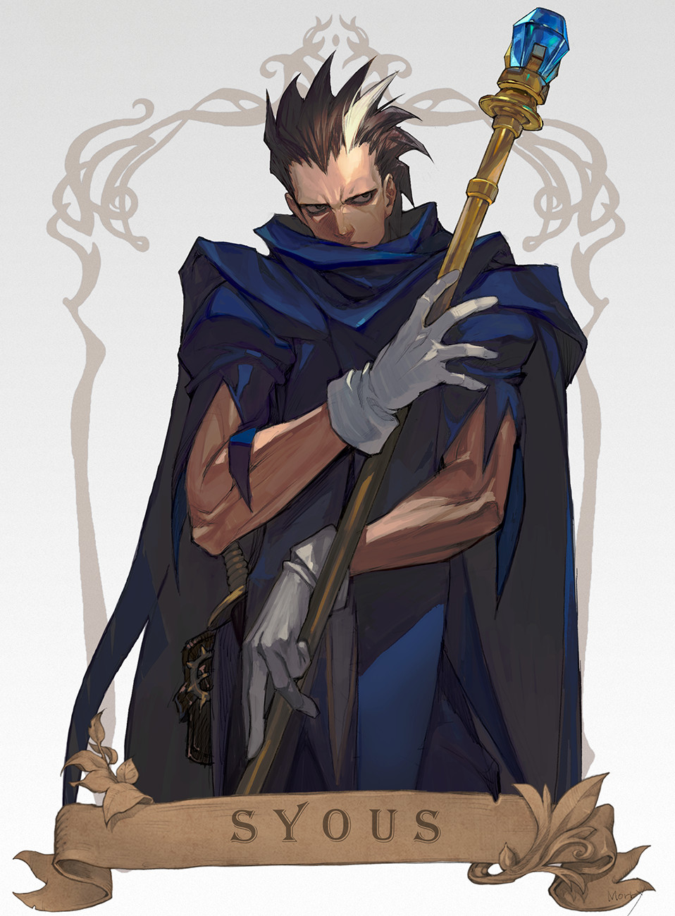 1boy, bags_under_eyes, black_hair, blue_cape, cape, character_name, dungeons_&amp;_dragons:_shadow_over_mystara, dungeons_and_dragons