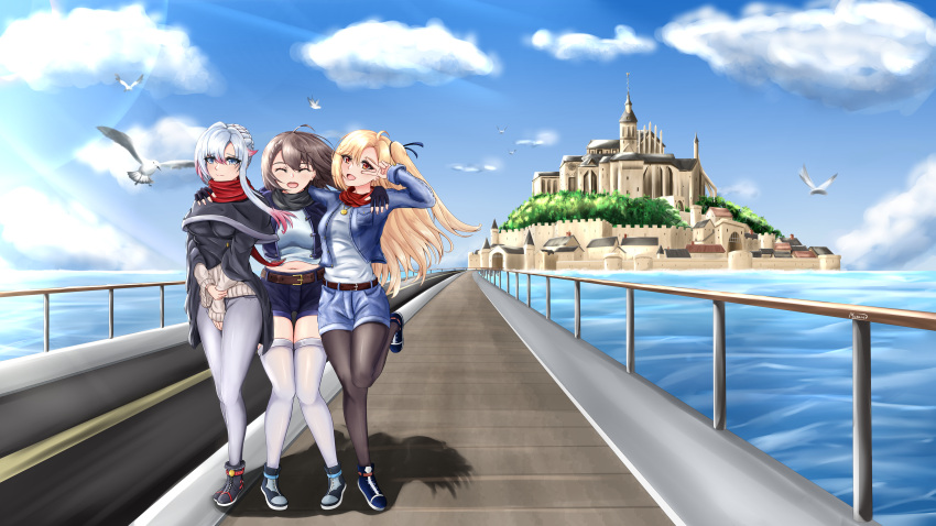 3girls, absurdres, asymmetrical_hair, azur_lane, baltimore_(azur_lane), belt, bird, black_scarf