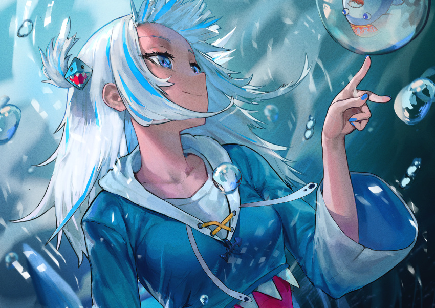 1girl, absurdres, air_bubble, bangs, bloop_(gawr_gura), blue_eyes, blue_hoodie, blue_nails