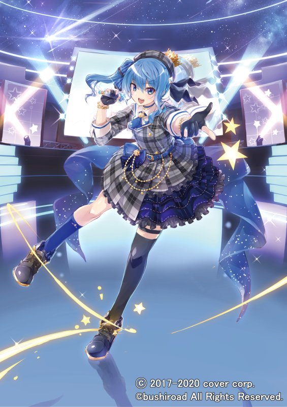 1girl, asymmetrical_legwear, black_footwear, black_gloves, black_legwear, blue_eyes, blue_hair, blue_nails, cardfight!!_vanguard, cardfight!!_vanguard_zero, collaboration, full_body, gloves, holding, holding_microphone, hololive, hoshimachi_suisei, looking_at_viewer, microphone, mitsukoshi_haruha, nail_polish, official_art, open_mouth, partially_fingerless_gloves, shoes, solo, stage_lights, star_(symbol), virtual_youtuber, watermark