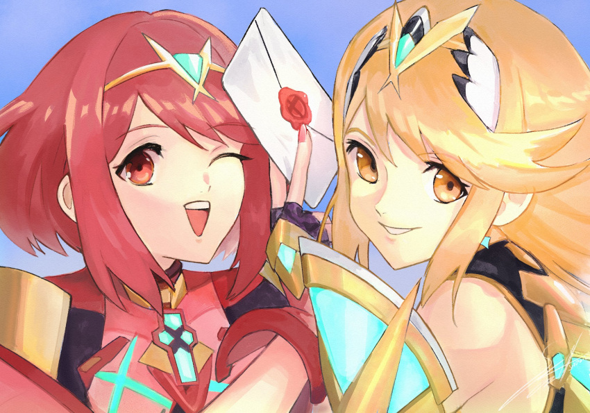 2girls, bangs, black_gloves, blonde_hair, blush, chest_jewel, dress, earrings