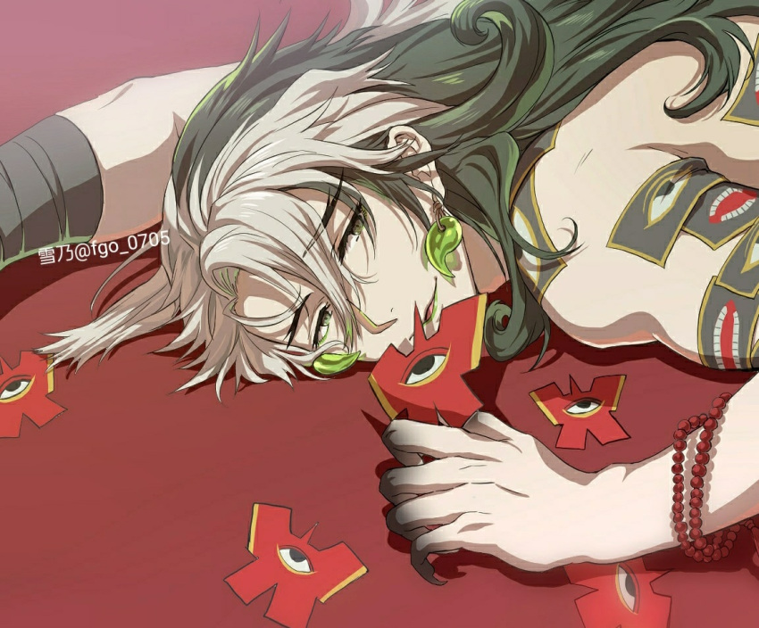 1boy, alternate_hairstyle, anko_(tkg0705), ashiya_douman_(fate), asymmetrical_hair, bead_bracelet, beads, bell