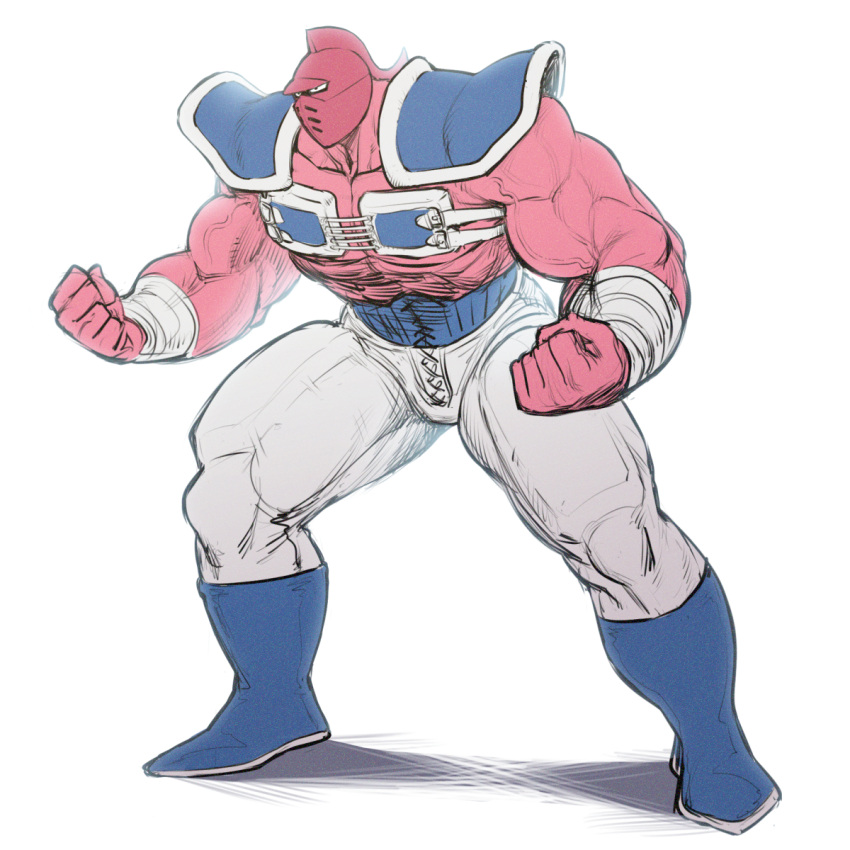 1boy, backlighting, bandaged_arm, bandages, blue_footwear, boots, clenched_hands, full_body, helmet, highres, kinnikuman, kinnikuman_big_body, male_focus, muscular, muscular_male, shoulder_pads, solo, space_jin, veins