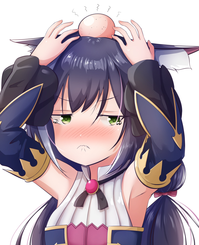 >:(, 1girl, animal_ear_fluff, animal_ears, armpits, arms_up, bald_spot, bangs