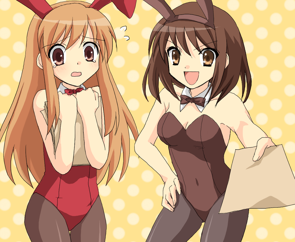 2girls, asahina_mikuru, bunny_outfit, long_hair, short_hair, suzumiya_haruhi, suzumiya_haruhi_no_yuuutsu, tears