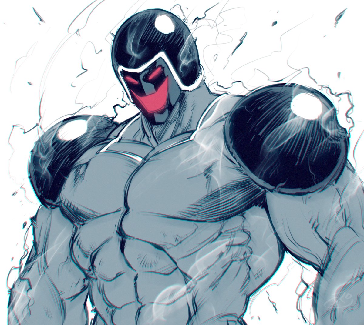 1boy, abs, chromatic_aberration, evil_smile, greyscale, helmet, kinnikuman, male_focus, monochrome, muscular, muscular_male, smile, solo, space_jin, spot_color, upper_body, warsman, white_background
