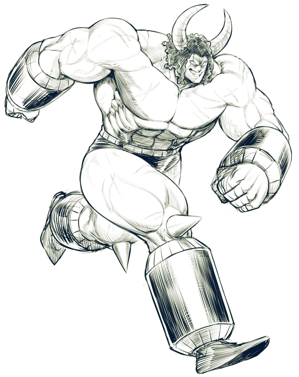 1boy, abs, blank_eyes, buffaloman, commentary_request, evil_grin, evil_smile, full_body