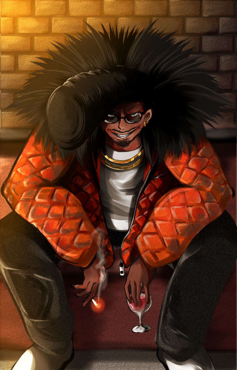 1boy, beard, black_hair, black_pants, brick_wall, brown_eyes, cigarette, coat, commentary_request, cookie_(touhou), cup, drinking_glass, earrings, facial_hair, full_body, fur_coat, grin, highres, jewelry, leaning_forward, looking_at_viewer, male_focus, mishou_kazuya_(cookie), mustache, necklace, open_clothes, open_coat, pants, pompadour, red_coat, sakuna_brownie, shirt, shoes, shumiyou_desu, sitting, smile, smoking, solo, sunglasses, white_footwear, white_shirt, wine_glass, zipper_pull_tab