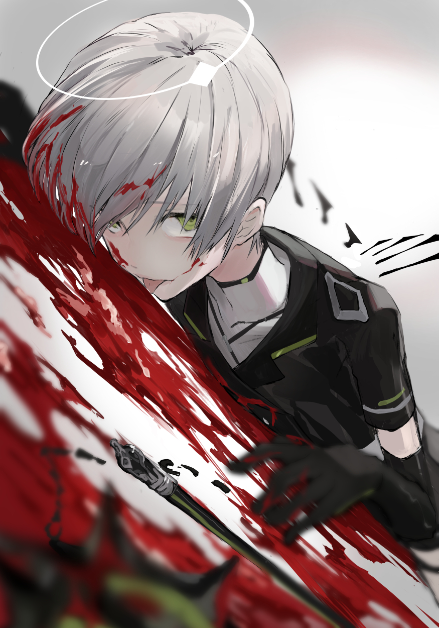 1boy, arene_(arknights), arknights, black_gloves, black_jacket, blood, blood_on_face, blood_splatter
