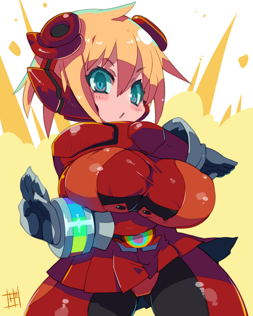 1girl, absurdres, blonde_hair, blue_eyes, blush, bodysuit, breasts, cowboy_shot, curvy, disgaea, dress, gloves, grey_gloves, hair_between_eyes, highres, large_breasts, looking_at_viewer, makai_senki_disgaea, nijino_piyori, no_nose, open_mouth, plump, pose, red_bodysuit, red_dress, sentai, shiny, shiny_clothes, shiny_hair, short_dress, short_hair, signature, solo, standing, zankuro