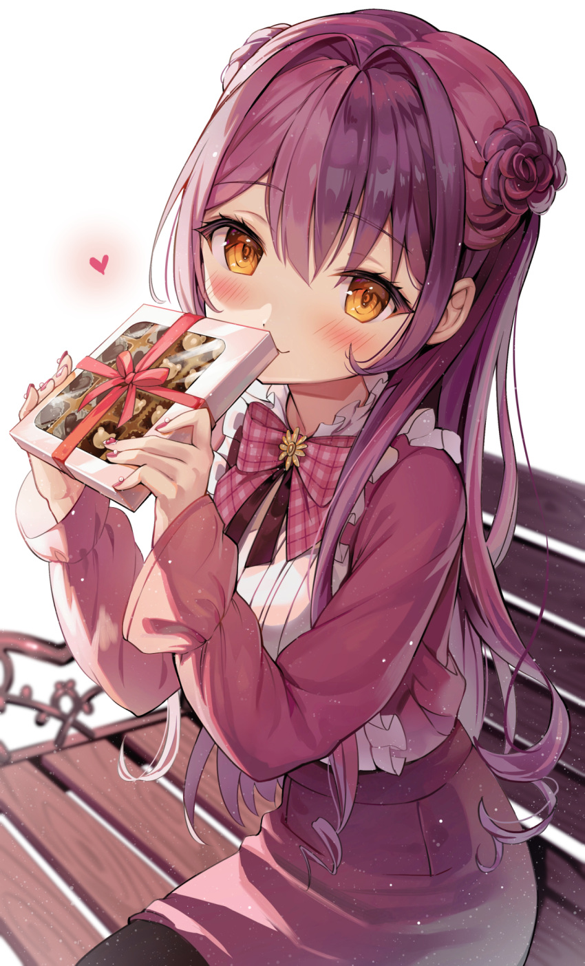 1girl, bangs, black_legwear, blush, bow, box, box_of_chocolates, brown_eyes