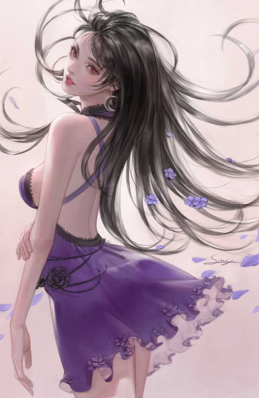 1girl, absurdres, bare_shoulders, black_flower, black_hair, black_rose, crescent, crescent_earrings