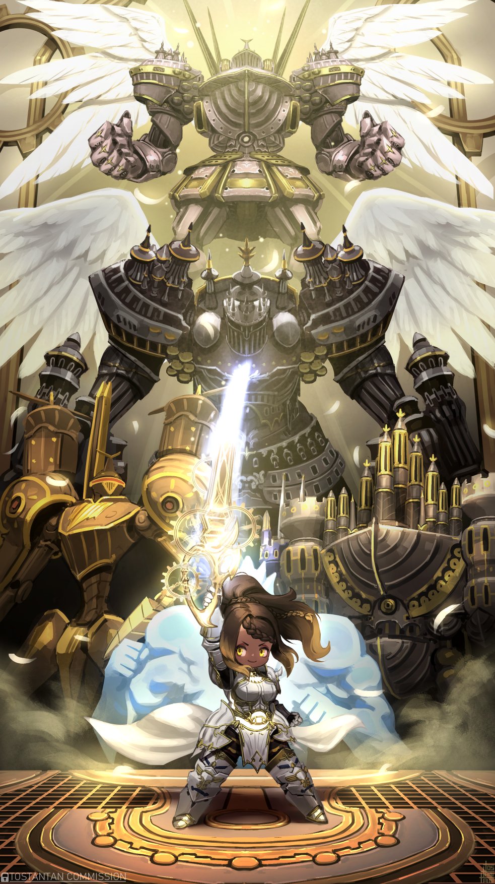1girl, alexander_(final_fantasy), angel_wings, armor, braid, brown_hair, cape, final_fantasy