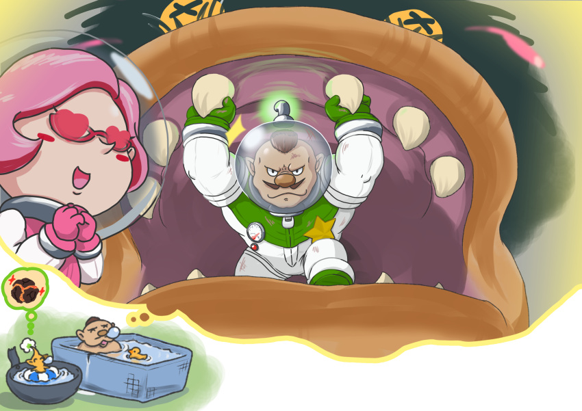 bathtub, big_nose, brittany_(pikmin), charlie_(pikmin), dreaming, helmet, highres, lifebuoy