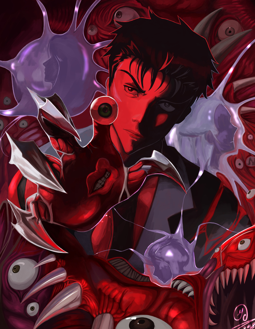 1boy, absurdres, brown_eyes, claws, closed_mouth, dated, extra_eyes, extra_mouth