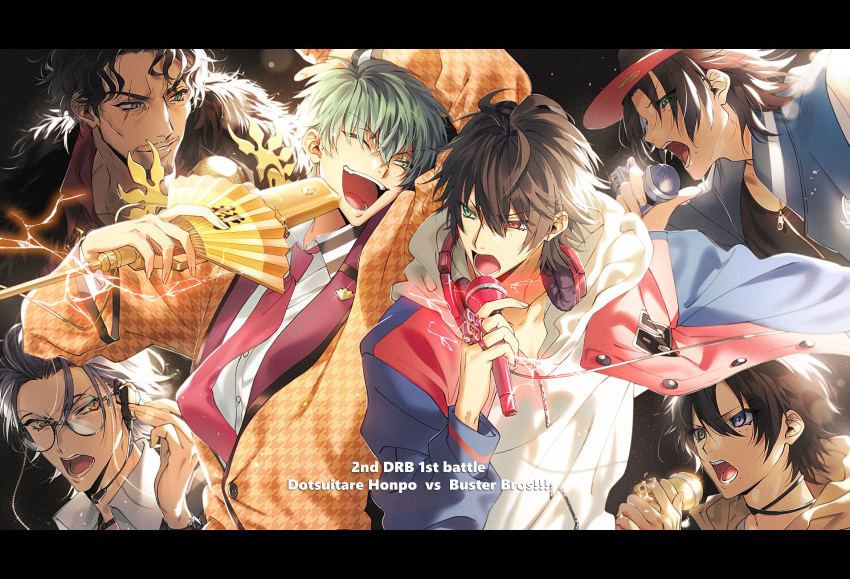 6+boys, amayado_rei, arm_up, baseball_cap, beard, black_choker, black_hair, brothers