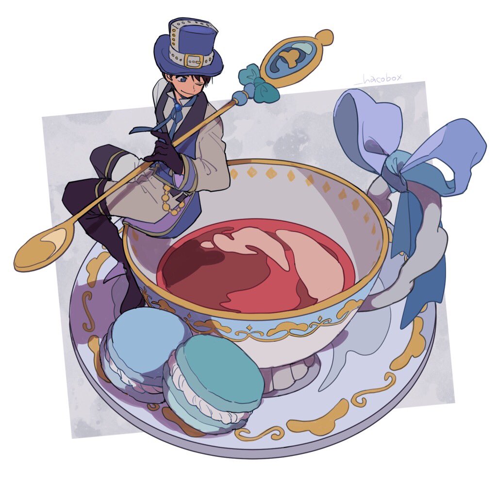 1boy, black_gloves, black_hair, blue_eyes, blue_headwear, cup, food, gloves, hacobox, hat, hat_belt, holding, holding_spoon, long_sleeves, macaron, miniboy, one_eye_closed, original, oversized_object, shadow, short_hair, signature, sitting, smile, solo, spoon, teacup, top_hat, vest