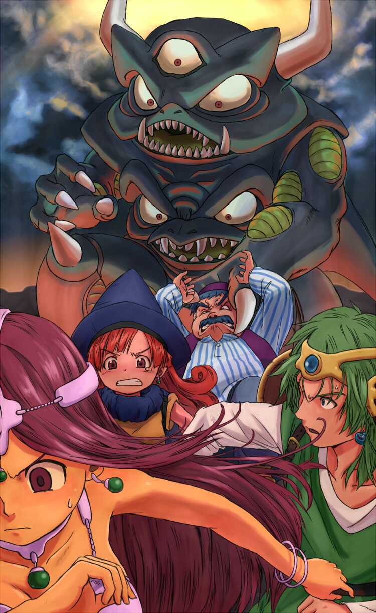 bracelet, circlet, death_pisaro, dragon_quest, dragon_quest_iv, earrings, grab, green_hair, hat, hero_(dq4), highres, jewelry, manya, necklace, necrosaro, neko_(hansinn), pisaro, purple_hair, red_hair, redhead, running, spoilers, torneko