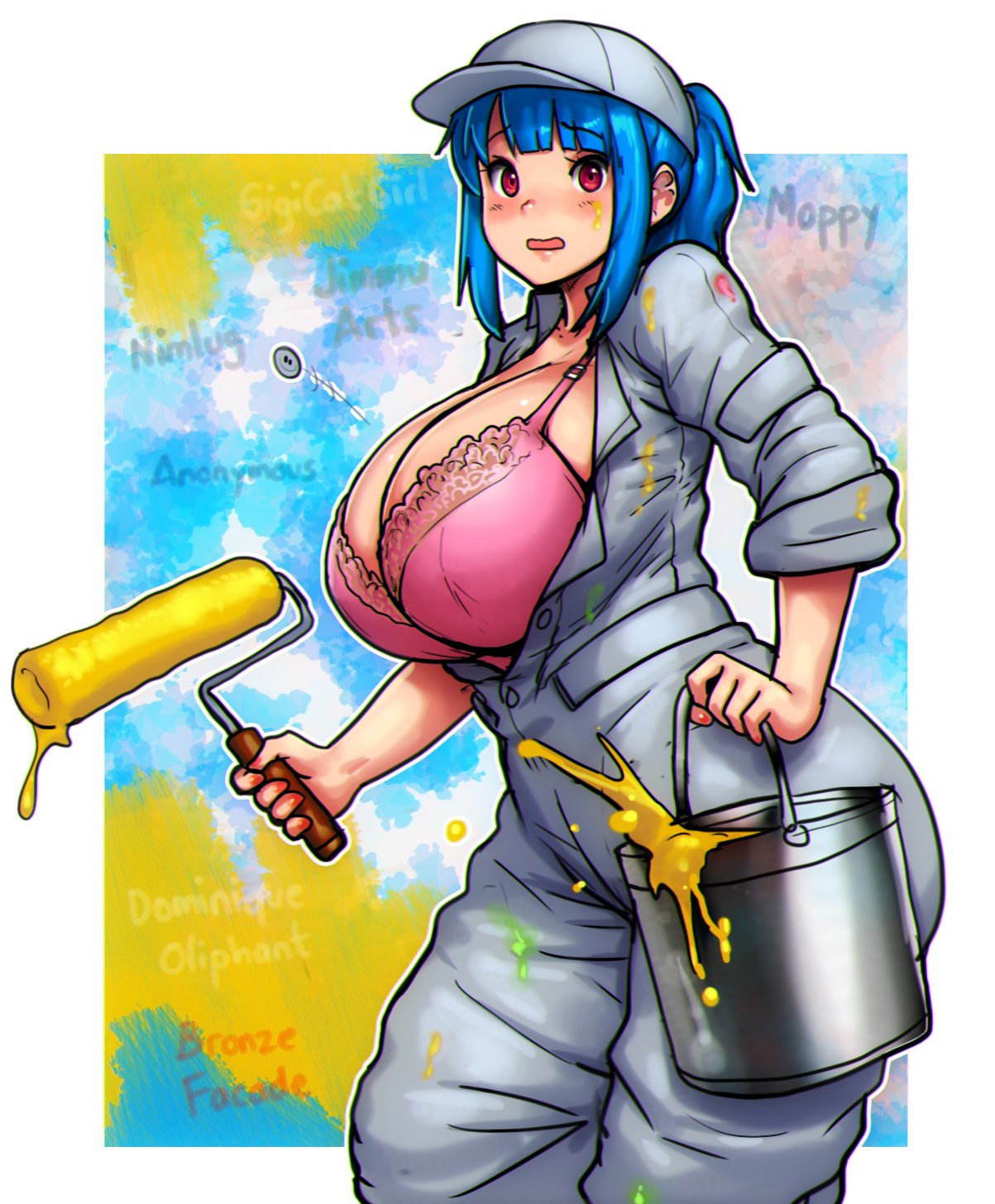 1girl, bangs, blue_hair, blunt_bangs, blush, bodysuit, bra, bucket, buttons, cowboy_shot, erkaz, eyebrows_visible_through_hair, flying_button, grey_bodysuit, grey_headwear, hat, highres, long_sleeves, open_mouth, original, outline, paint, paint_can, paint_roller, pink_bra, ponytail, popped_button, red_eyes, rina_atherina, solo, underwear, wardrobe_malfunction, white_outline