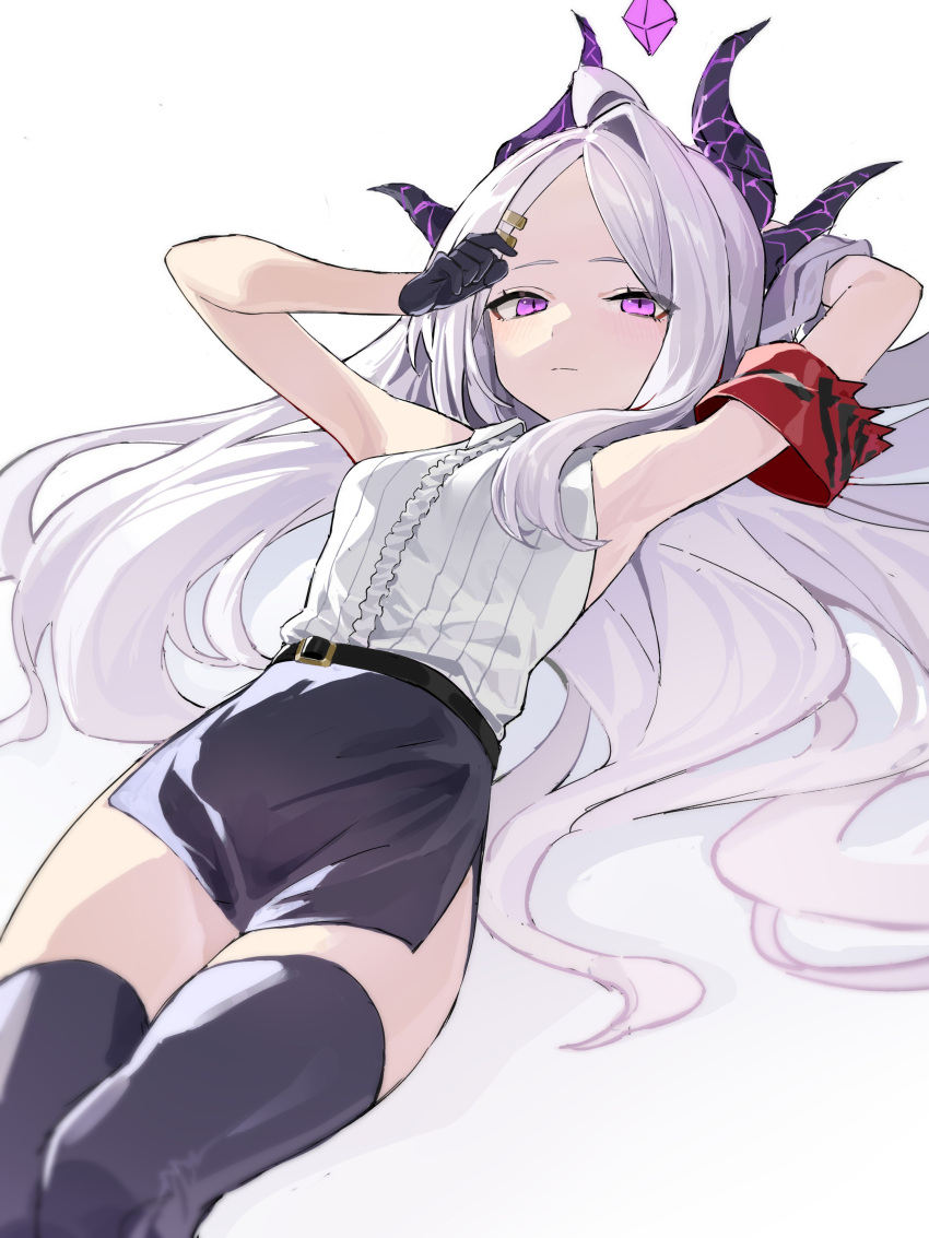 1girl, absurdres, arm_behind_head, armband, armpits, arms_up, bare_shoulders, black_gloves