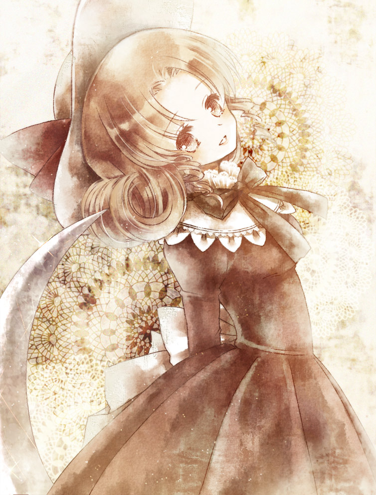 brown_eyes, dress, elly, hat, hat_ribbon, ribbon, scythe, solo