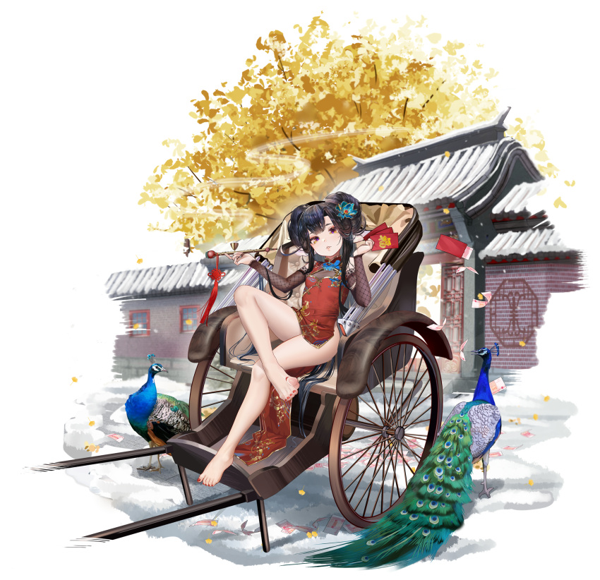 1girl, bare_legs, barefoot, black_hair, breasts, china_dress, chinese_clothes, dress, feet, flat_chest, highres, long_hair, looking_at_viewer, moyamoya_(moya11158375), no_panties, original, short_dress, side_slit, sleeveless, sleeveless_dress, small_breasts, toenail_polish, toenails, toes, wagon, wagon_wheel, yellow_eyes